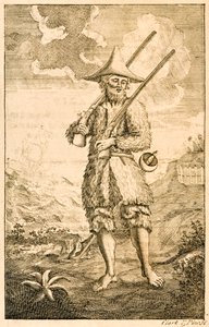 Ilustración del frontispicio de Robinson Crusoe mostrando al supuesto autor Crusoe en la orilla con mosquetes y espada, de Las Aventuras de Robinson Crusoe